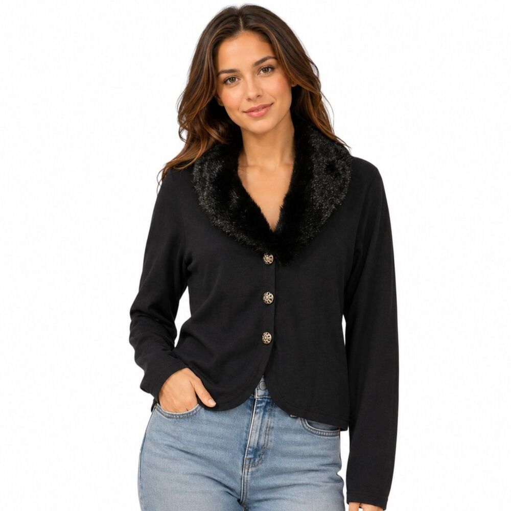 CHICO'S Silk Blend Black Cardigan Sweater Detachable Faux Fur Collar Sz 2/Large